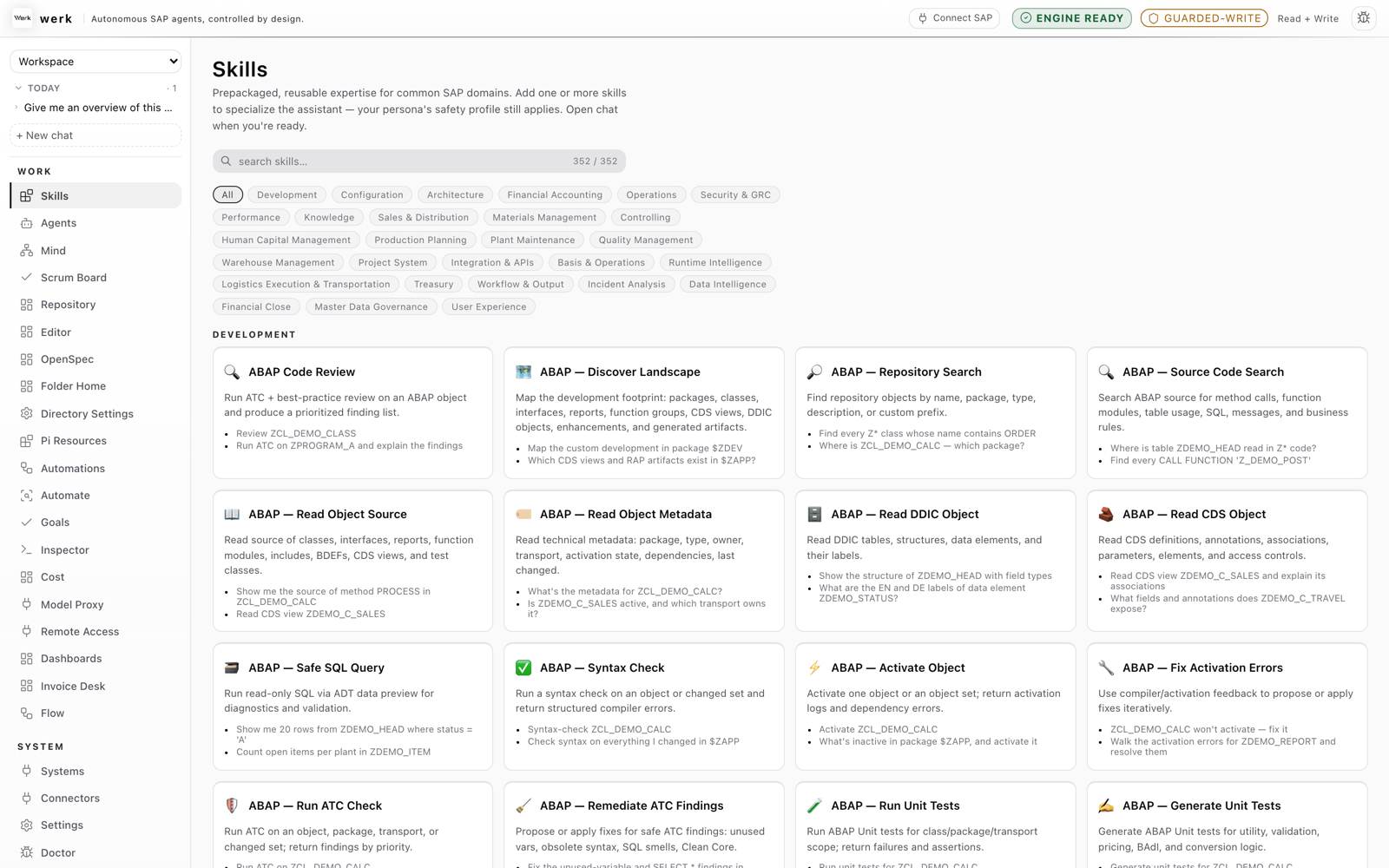 The werk skills catalog: 352 prepackaged skills across SAP domains such as development, configuration, finance and security, each card showing concrete ABAP starter prompts.