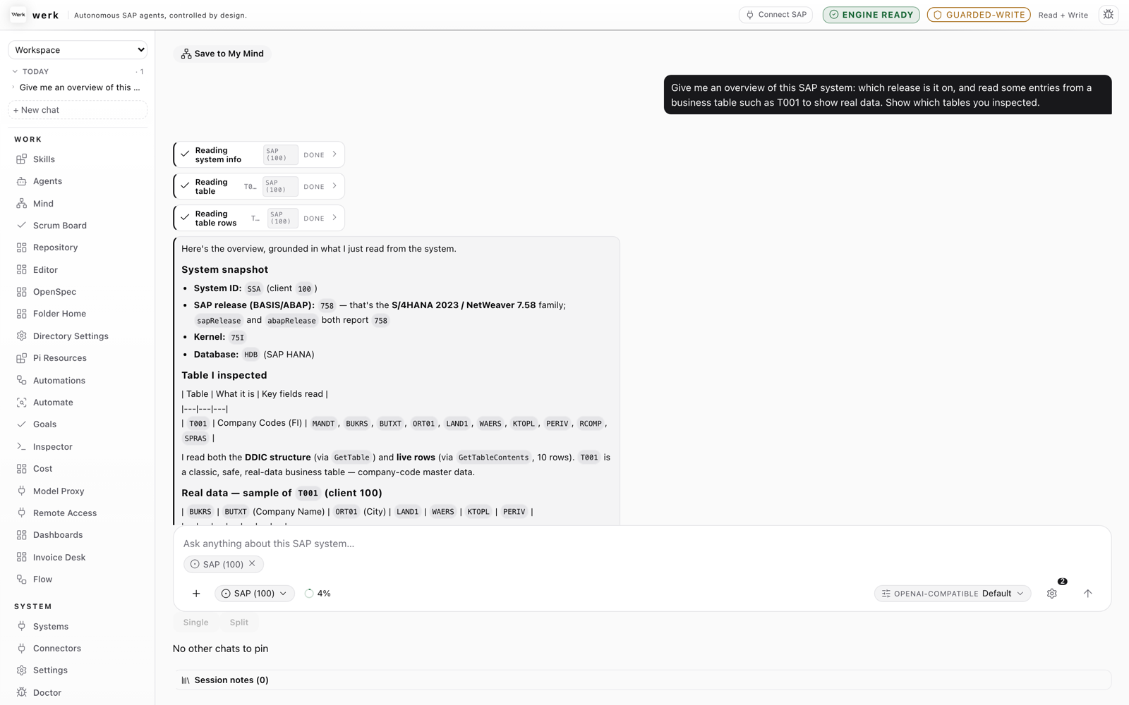 werk desktop app. Asked for a system overview, the AI agent reads system info and table contents on the connected system — each tool card stamped with the SAP client — and answers with the release (S/4HANA 2023, kernel 751, SAP HANA), the tables it inspected, and real company-code data read from table T001.