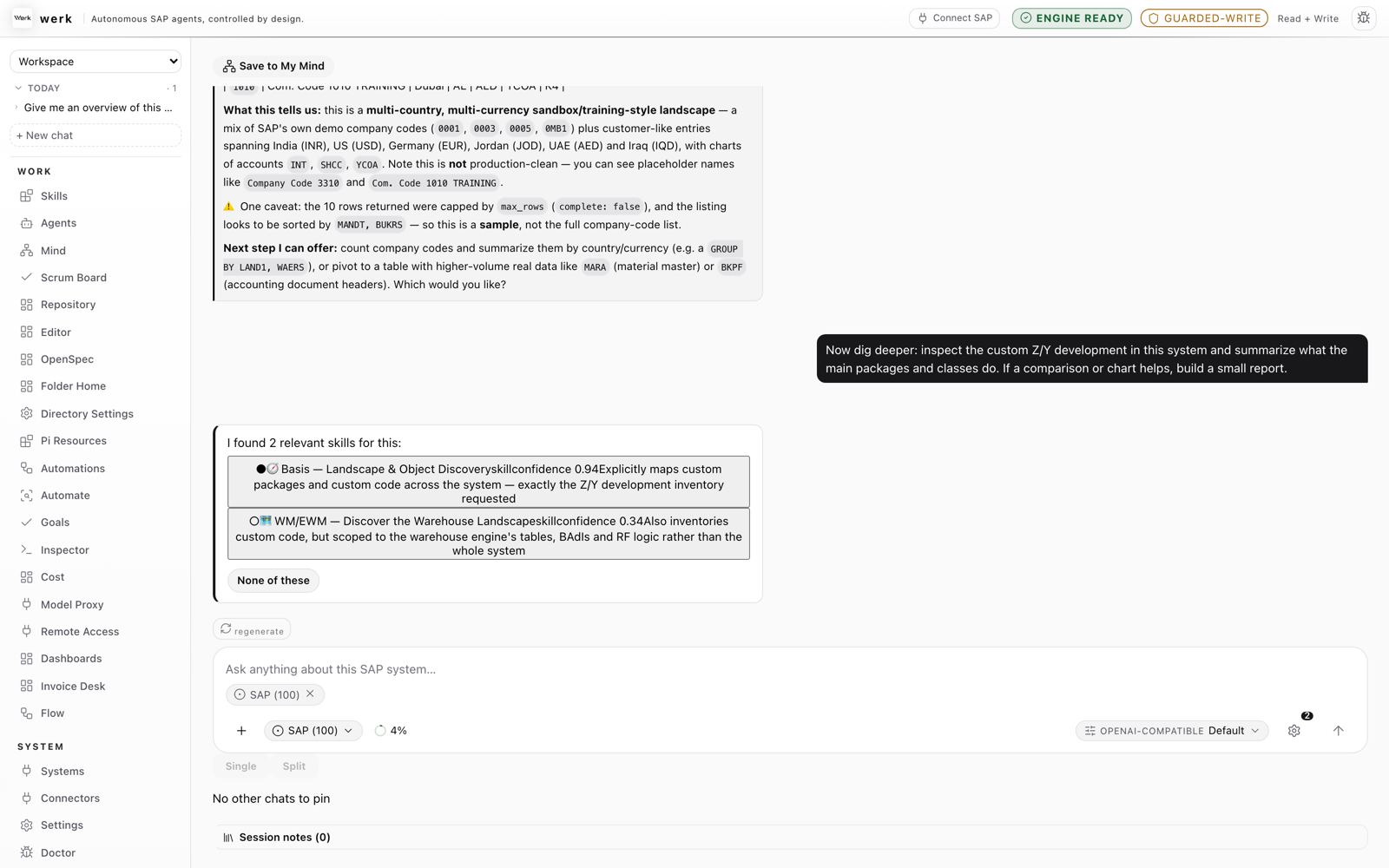 werk proposing matching skills for a request: Landscape and Object Discovery at confidence 0.94 and a warehouse-discovery skill at 0.34, each with a one-line reason, ready for the operator to pick.