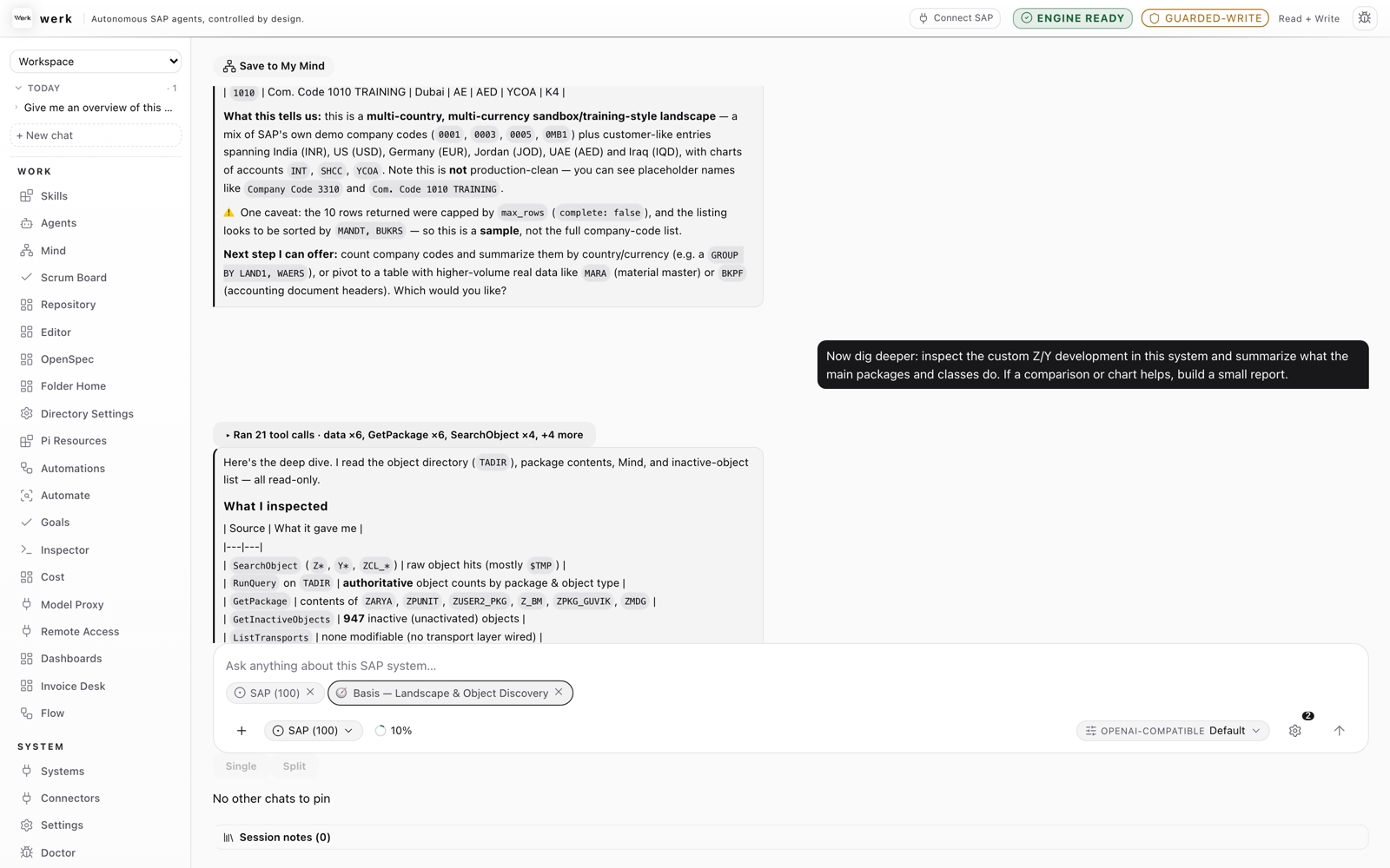 werk chat running the Landscape and Object Discovery skill on a connected SAP system: a burst of 21 tool calls (repository queries, package reads, object searches) summarized in a table of what was inspected, with the skill attached in the composer.