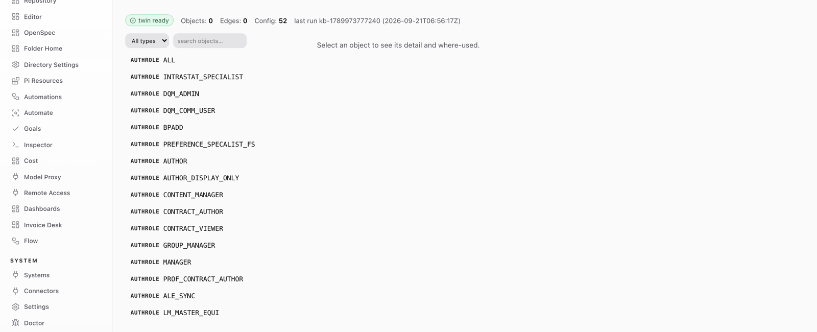 werk Mind view showing the indexed digital twin of the connected SAP system: twin ready, 52 configuration facts, and the browsable list of the system's authorization roles.